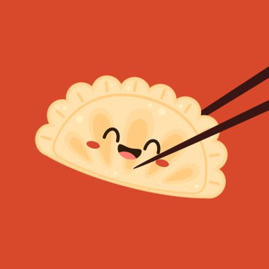 Gyoza vektörü. Kırmızı arka planda sıcak hamur tatlısı ve çubuklar. Dim Sum buğulama ya da restoran logosu için çörek illüstrasyonu. Japonlar için Asya gıda simgesi.