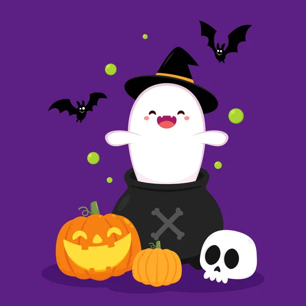 Happy Halloween Party Greeting Card Cute Ghost Holidays Cartoon Character — Vector de stock