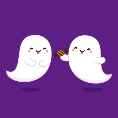 Şeker mi şaka mı için yüzen sevimli hayalet. Tuhaf, ürkünç, yuhalama karakteri. Gülen surat ifadeli hayalet. İzole çocuklar düz vektör çizimi.