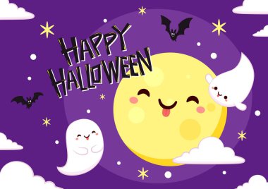 Sevimli Sarı Ay ve Hayalet. Mor arka planda izole edilmiş Cadılar Bayramı Vektörü illüstrasyonu. Ürkütücü çizgi film vektörü.