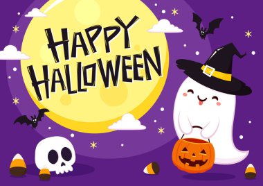 Happy halloween party greeting card with cute ghost. Holidays cartoon character. Trick or treat. Halloween funny cartoon.