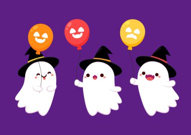 Şeker mi şaka mı için yüzen sevimli hayalet. Tuhaf, ürkünç, yuhalama karakteri. Gülen surat ifadeli hayalet. İzole çocuklar düz vektör çizimi. Cadılar Bayramı balonu vektörü.