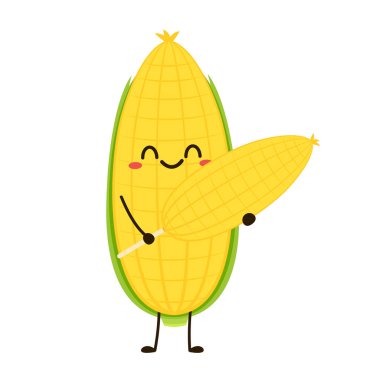 Mısır karikatürü vektörü. Beyaz üzerine izole edilmiş şirin bir sebze vektörü karakteri. Mısır maskotu..