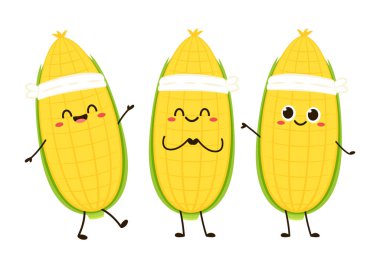 Mısır karikatürü vektörü. Beyaz üzerine izole edilmiş şirin bir sebze vektörü karakteri. Mısır maskotu..