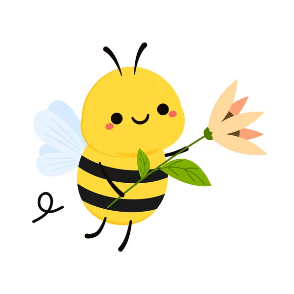 Leuke Vriendelijke Bij Cartoon Gelukkig Vliegen Insectenkarakter Vector Geïsoleerd Witte — Stockvector