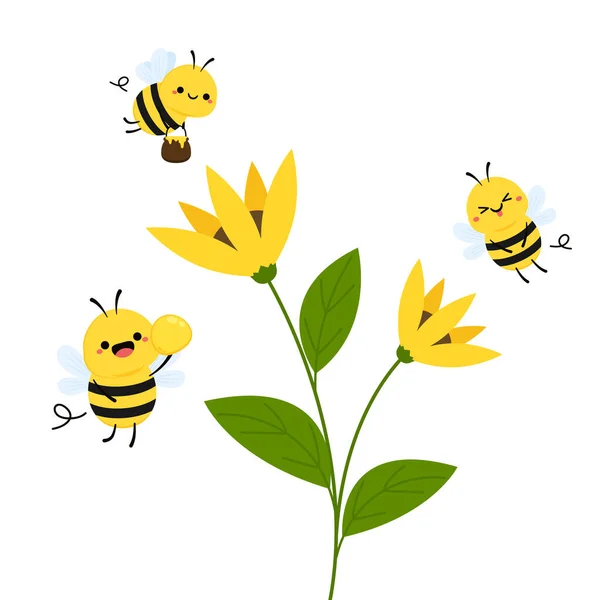 可爱的蜜蜂 卡通快乐的飞行 昆虫的特性 在白色背景上孤立的病媒 — 图库矢量图片