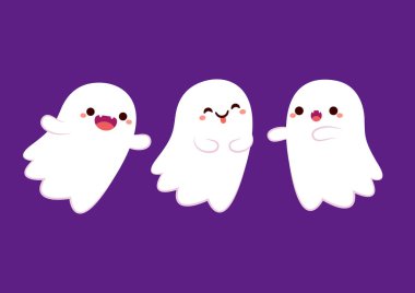 Happy halloween party greeting card with cute ghost. Holidays cartoon character. Trick or treat. Halloween funny cartoon.