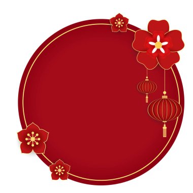 Happy Chinese new year 2024. Chinese new year banner with circle for show product. Greeting card. China frame with lantern on red background.