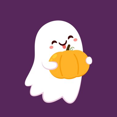 Happy halloween party greeting card with cute ghost. Holidays cartoon character. Trick or treat. Halloween funny cartoon.