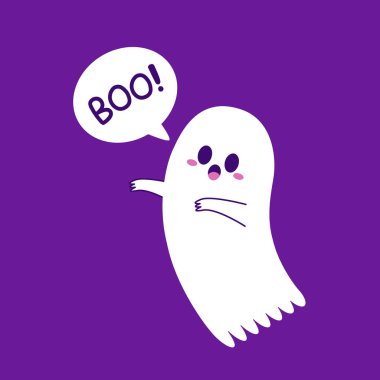 Happy halloween party greeting card with cute ghost. Holidays cartoon character. Trick or treat. Halloween funny cartoon.