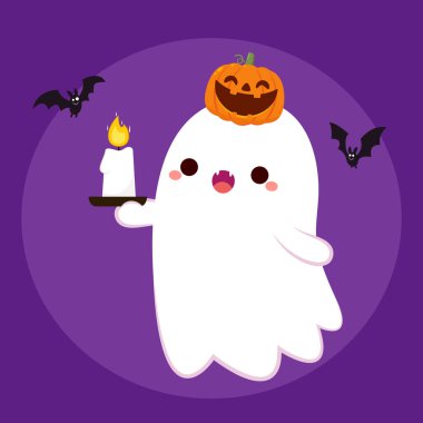 Happy halloween party greeting card with cute ghost. Holidays cartoon character. Trick or treat. Halloween funny cartoon.