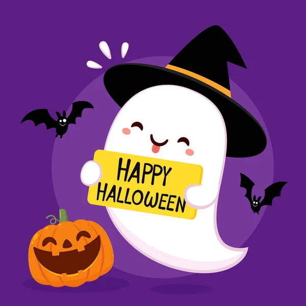 Happy Halloween Party Greeting Card Cute Ghost Holidays Cartoon Character — Vector de stock
