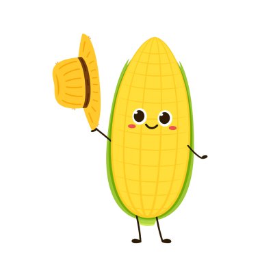 Mısır karikatürü vektörü. Beyaz üzerine izole edilmiş şirin bir sebze vektörü karakteri. Mısır maskotu..