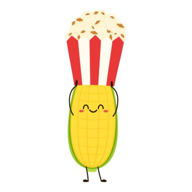 Corn and popcorn cartoon. Vector mascot, cartoon and illustration of a corn holding popcorn. Character design.