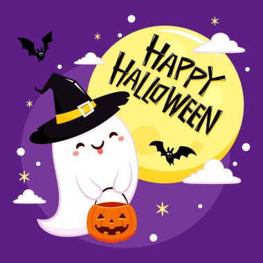 Happy halloween party greeting card with cute ghost. Holidays cartoon character. Trick or treat. Halloween funny cartoon.