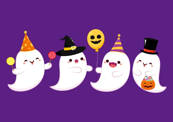 Happy Halloween Party Greeting Card Cute Ghost Holidays Cartoon Character — Stok Vektör