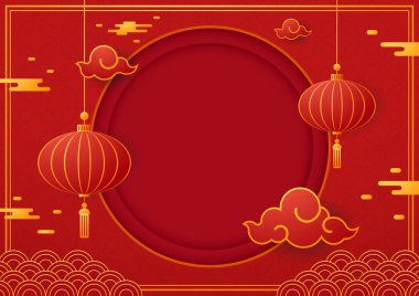 Happy Chinese new year 2024. Chinese new year banner with circle for show product. Greeting card. China frame with lantern on red background.