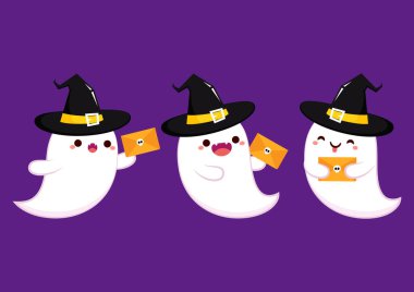 Cadılar Bayramı 'nda şirin bir hayalet. Hayalet maskot. karikatür vektörü. Çekici çanta. Cadılar Bayramı kartı veya Zarf vektörü.