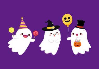 Tatlı hayaletli Cadılar Bayramı tebrik kartın kutlu olsun. Tatil çizgi film karakteri. Şirin hayalet hayaletler..