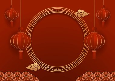Happy Chinese new year 2024. Chinese new year banner with circle for show product. Greeting card. China frame with lantern on red background.