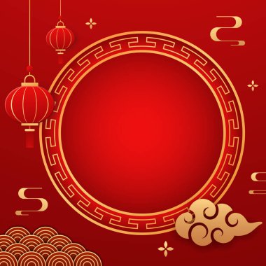 Happy Chinese new year 2024. Chinese new year banner with circle for show product. Greeting card. China frame with lantern on red background.