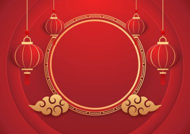Happy Chinese new year 2024. Chinese new year banner with circle for show product. Greeting card. China frame with lantern on red background.