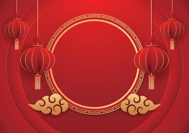 Happy Chinese new year 2024. Chinese new year banner with circle for show product. Greeting card. China frame with lantern on red background.