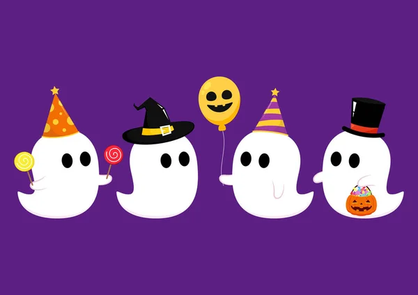 Feliz Festa Halloween Cartão Saudação Com Fantasma Bonito Personagem Desenhos — Vetor de Stock