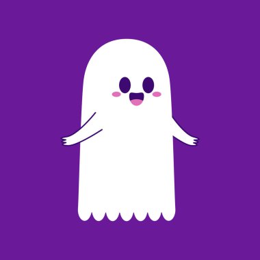 Cadılar Bayramı 'nda şeker mi şaka mı için balkabağı sepeti taşıyan şirin bir hayalet. Tuhaf, ürkünç, yuhalama karakteri. Gülen surat ifadeli hayalet. İzole çocuklar düz vektör çizimi.