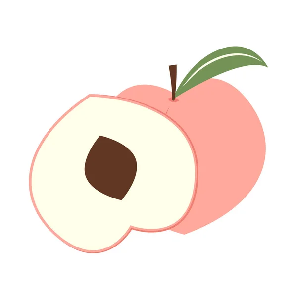桃の漫画のベクトル 葉のアイコンが付いている桃をかわす 白い背景にハート型の桃の実が孤立しています 自然食品 新鮮な果物 — ストックベクタ