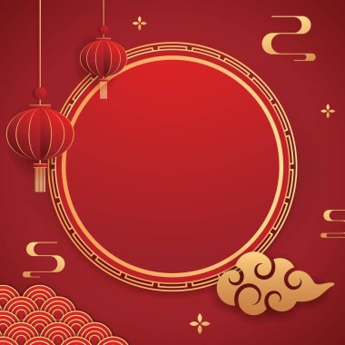 Happy Chinese new year 2024. Chinese new year banner with circle for show product. Greeting card. China frame with lantern on red background.
