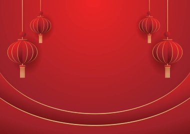 Happy Chinese new year 2024. Chinese new year banner with circle for show product. Greeting card. China frame with lantern on red background.