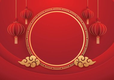 Happy Chinese new year 2024. Chinese new year banner with circle for show product. Greeting card. China frame with lantern on red background.