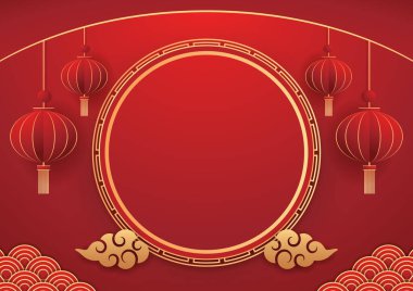 Happy Chinese new year 2024. Chinese new year banner with circle for show product. Greeting card. China frame with lantern on red background.