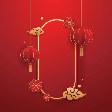 Happy Chinese new year 2024. Chinese new year banner with circle for show product. Greeting card. China frame with lantern on red background.