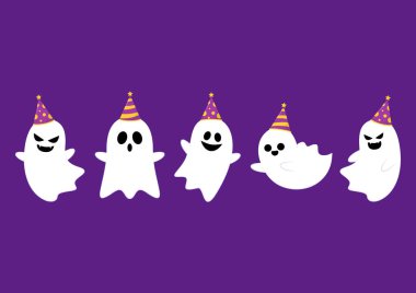 Cadılar Bayramı 'nda şeker mi şaka mı için balkabağı sepeti taşıyan şirin bir hayalet. Tuhaf, ürkünç, yuhalama karakteri. Gülen surat ifadeli hayalet. İzole çocuklar düz vektör çizimi.