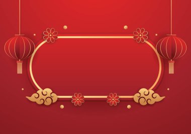 2023 yılınız kutlu olsun. Çin yeni yıl afişi, gösteri için daire şeklinde. Tebrik kartı. Kırmızı zemin üzerinde fener bulunan Çin çerçevesi.