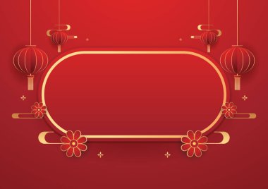 Happy Chinese new year 2024. Chinese new year banner with circle for show product. Greeting card. China frame with lantern on red background.