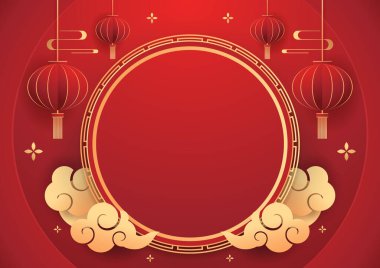 Happy Chinese new year 2024. Chinese new year banner with circle for show product. Greeting card. China frame with lantern on red background.