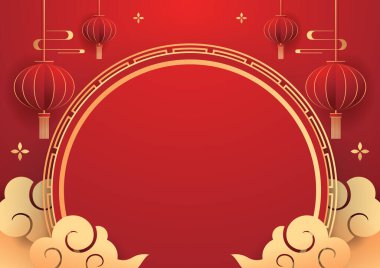 Happy Chinese new year 2024. Chinese new year banner with circle for show product. Greeting card. China frame with lantern on red background.