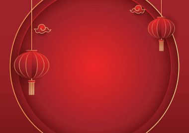 Happy Chinese new year 2024. Chinese new year banner with circle for show product. Greeting card. China frame with lantern on red background.