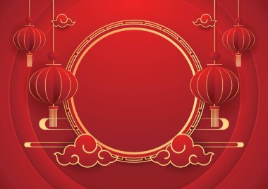 Happy Chinese new year 2024. Chinese new year banner with circle for show product. Greeting card. China frame with lantern on red background.