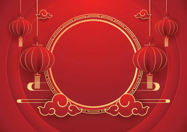 Happy Chinese new year 2024. Chinese new year banner with circle for show product. Greeting card. China frame with lantern on red background.