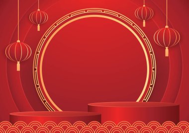 Happy Chinese new year 2024. Chinese new year banner with circle for show product. Greeting card. China frame with lantern on red background.
