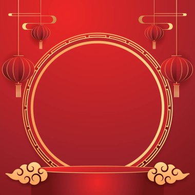 Happy Chinese new year 2024. Chinese new year banner with circle for show product. Greeting card. China frame with lantern on red background.