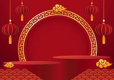 Happy Chinese new year 2024. Chinese new year banner with circle for show product. Greeting card. China frame with lantern on red background.
