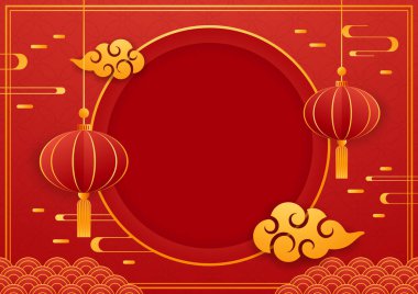 Happy Chinese new year 2024. Chinese new year banner with circle for show product. Greeting card. China frame with lantern on red background.