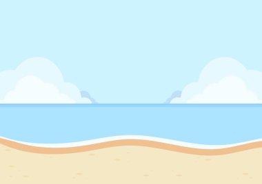 Vektör çizgi film stili cennet adası. Deniz kıyısı olan kusursuz bir manzara. Güneşli bir gün. Plaj arka planı.