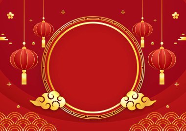 Happy Chinese new year 2024. Chinese new year banner with circle for show product. Greeting card. China frame with lantern on red background.