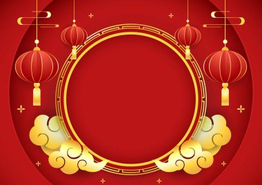 Happy Chinese new year 2024. Chinese new year banner with circle for show product. Greeting card. China frame with lantern on red background.